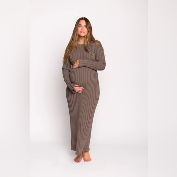 Worth Collective Dresses & Skirts - Ribbed Long Sleeve Maternity Maxi Dress - Taupe